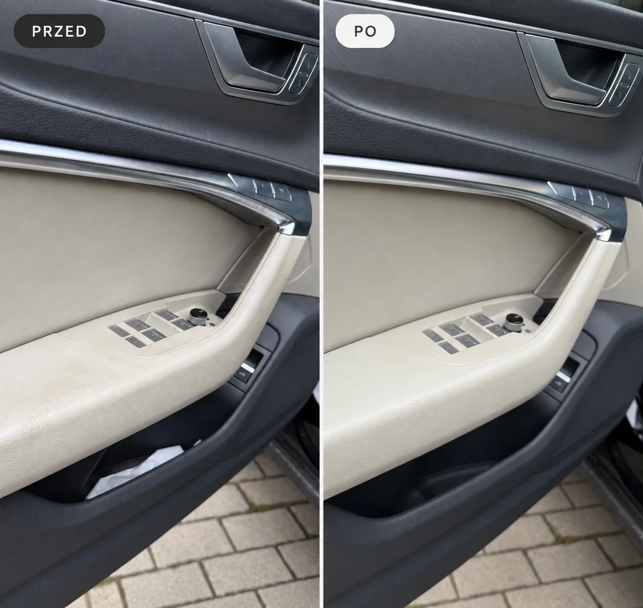 Detailing wnętrza Brzozów – czyszczenie panelu drzwi Audi A6 przed i po