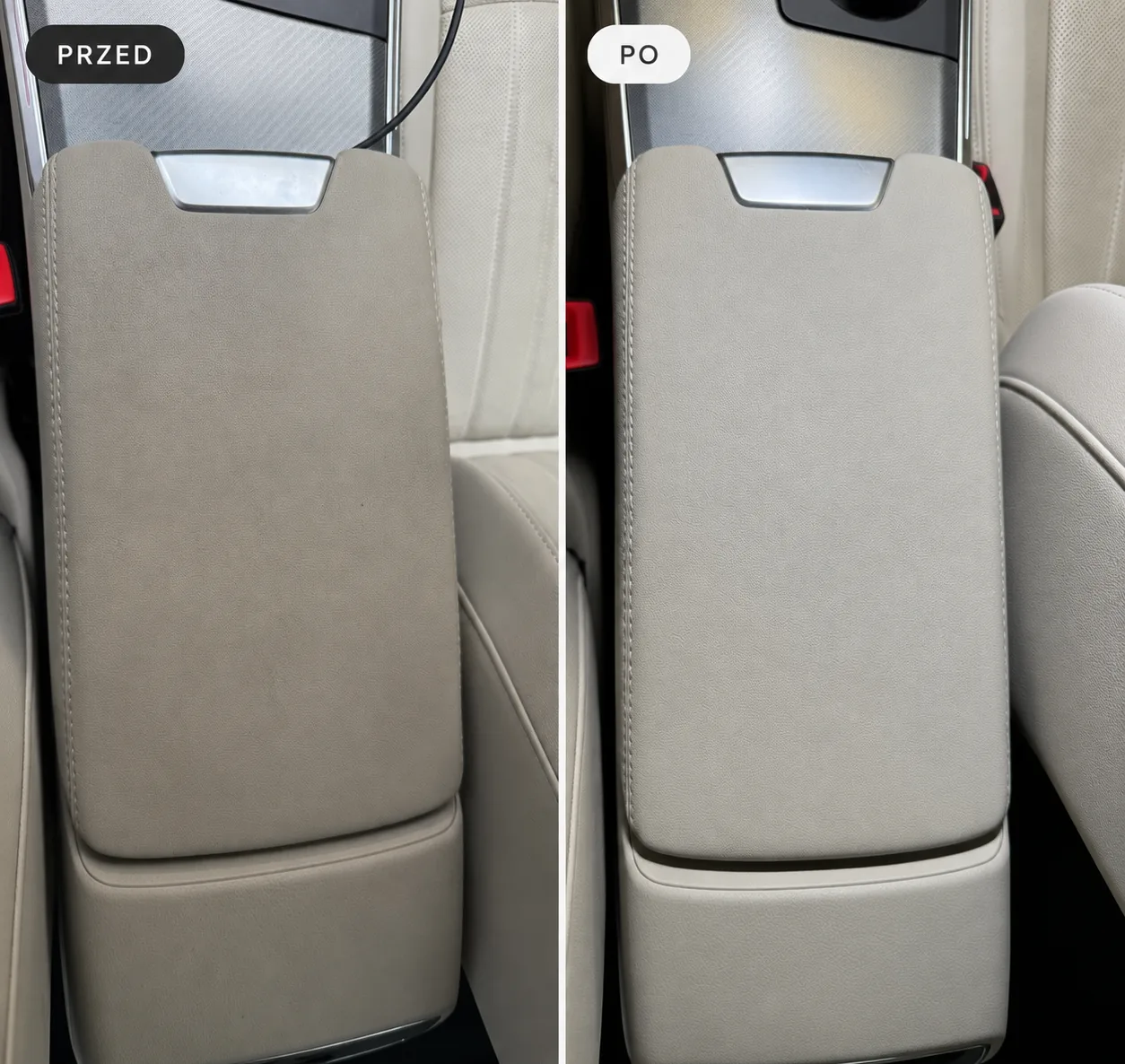 Czyszczenie podłokietnika w Audi A6 – detailing wnętrza Brzozów, przed i po