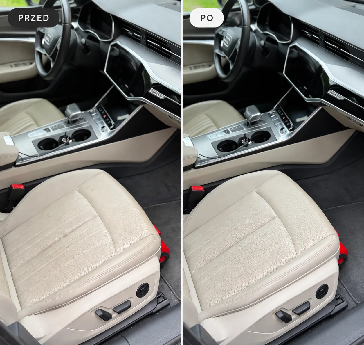 Detailing wnętrza Audi A6 Brzozów – fotel pasażera, konsola i podłoga przed i po czyszczeniu