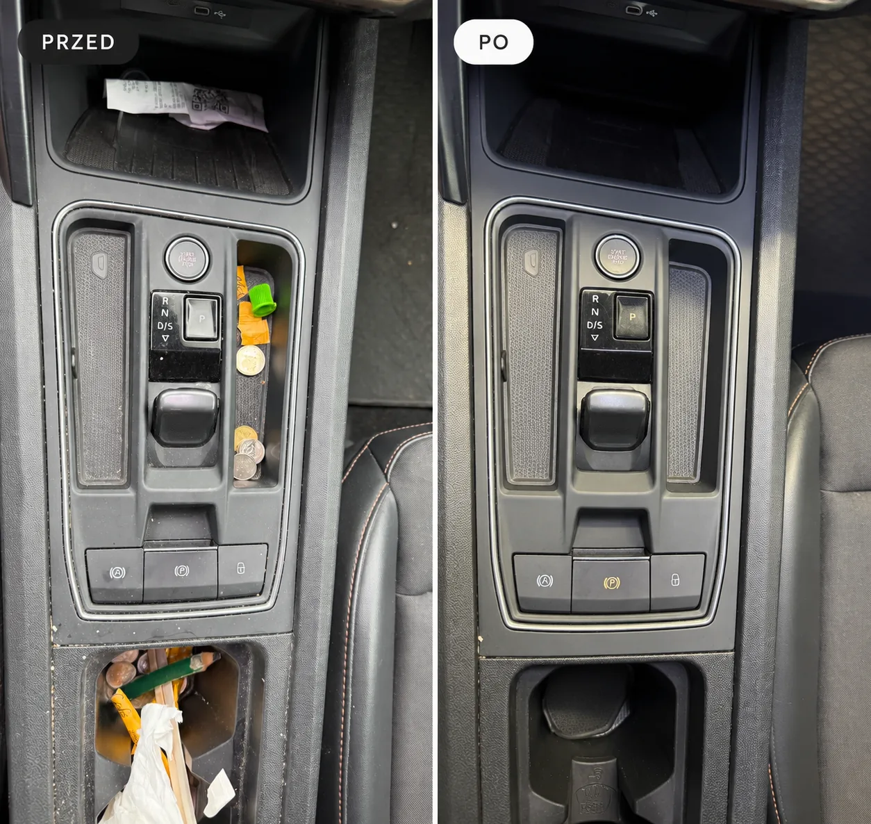 Czyszczenie konsoli środkowej w Cupra – detailing wnętrza Brzozów, przed i po