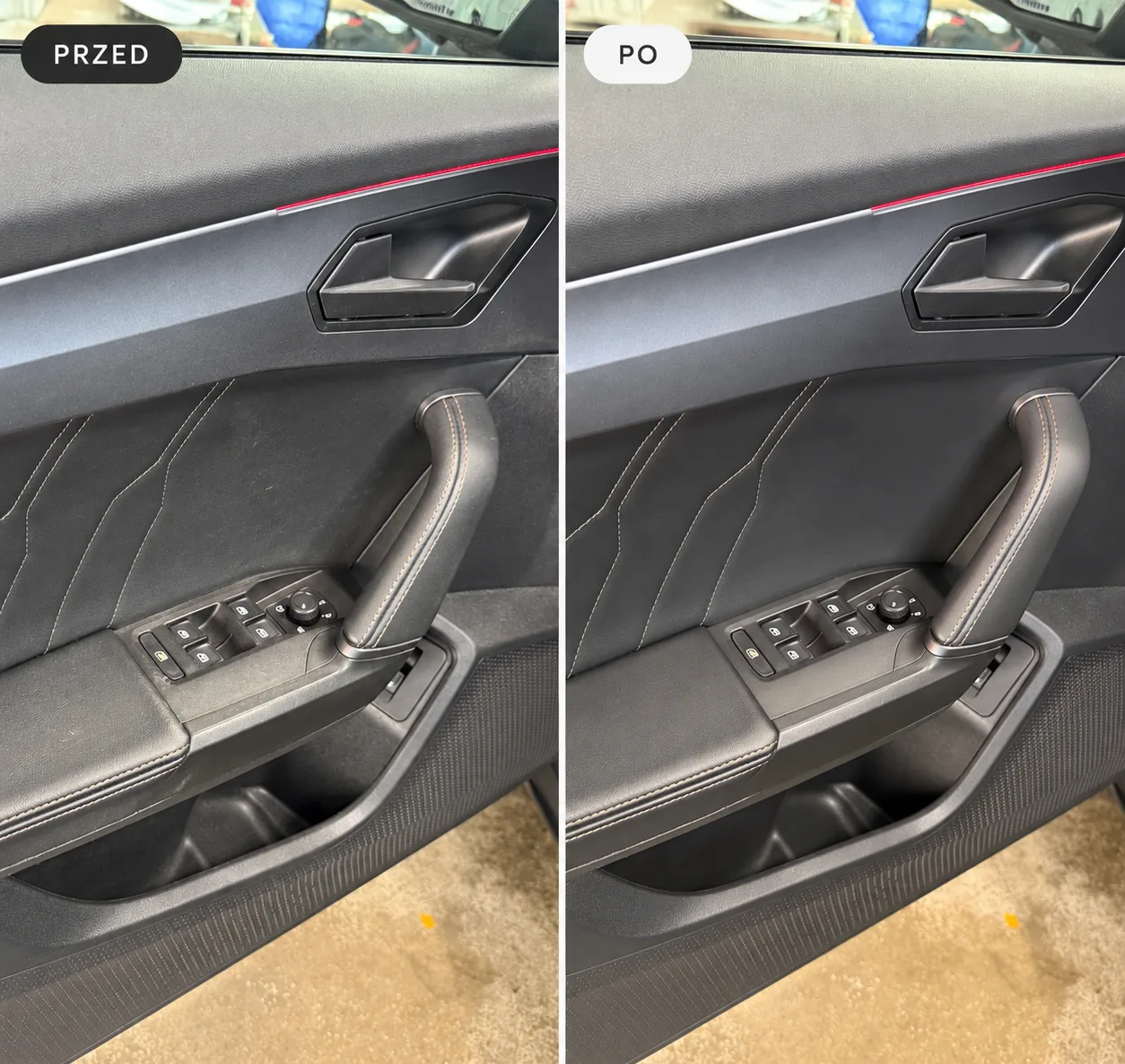 Czyszczenie panelu drzwi w Cupra – detailing wnętrza Brzozów, przed i po
