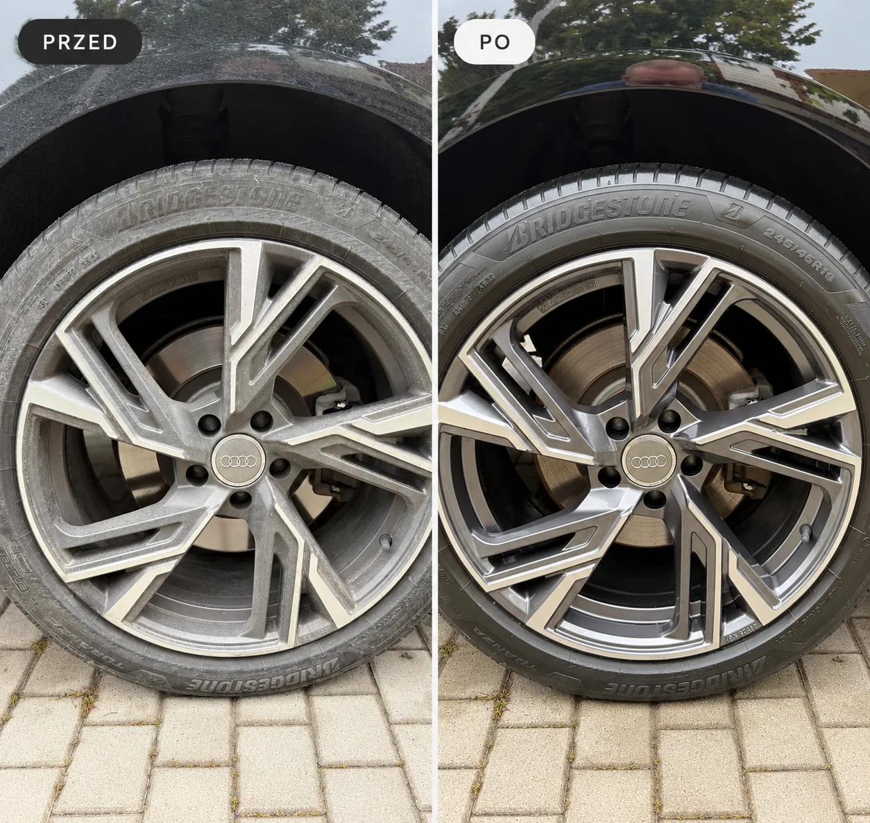 Mycie ręczne w Brzozowie – felga Audi A6 przed i po czyszczeniu
