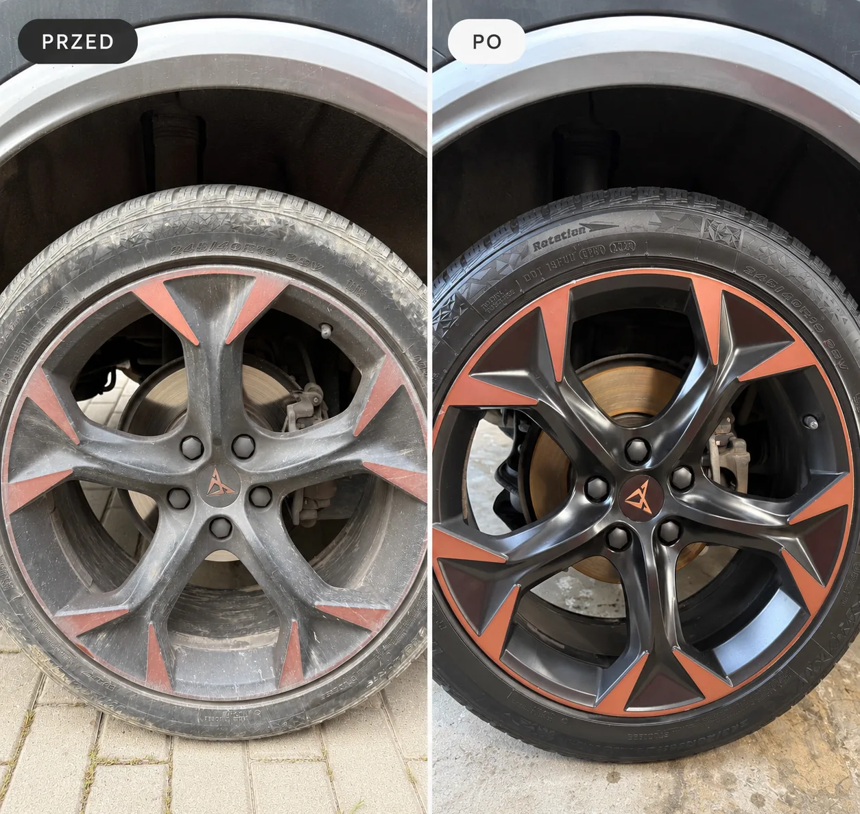 Mycie ręczne Brzozów – czyszczenie felgi i opony w Cupra, przed i po