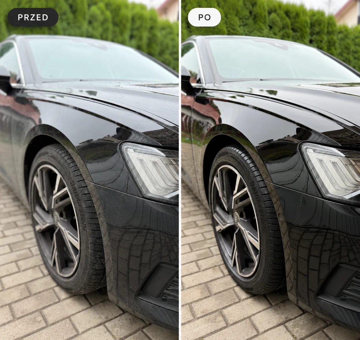 Polerowanie lakieru w Brzozowie – przedni błotnik czarnego Audi A6 przed i po
