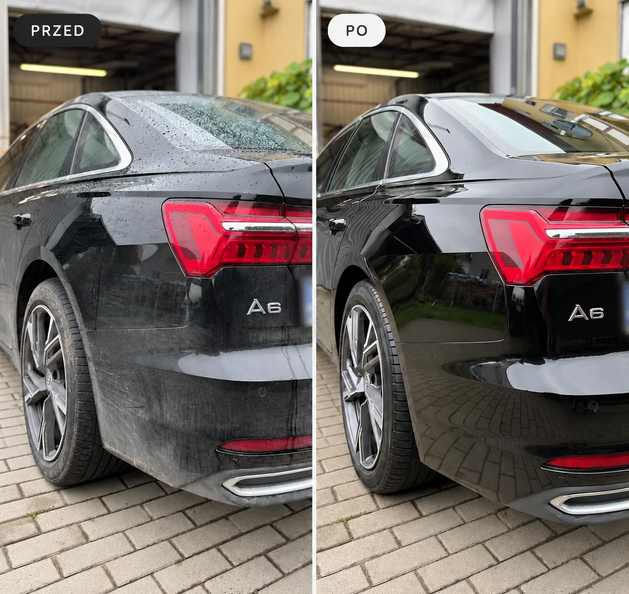 Polerowanie lakieru Brzozów – czarne Audi A6, tył nadwozia przed i po pielęgnacji